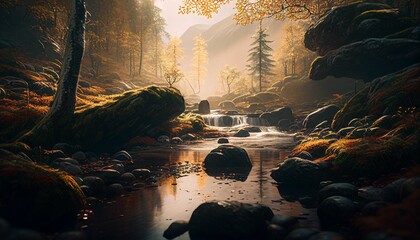 AI generated illustration of a stream flowing through a fantasy fall landscape