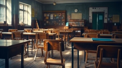 Generative AI image of an Empty Classroom. Back to school concept in high school. Classroom Interior Vintage Wooden Lecture Wooden Chairs and Desks. Studying lessons in secondary education