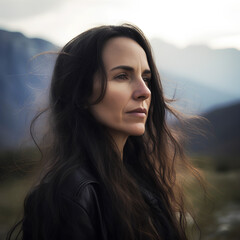 Portrait of beautiful woman with long dark hair on the mountains landscape background