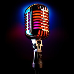 Generative AI image of a gradient warm colored 1950's microphone, black background