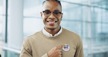 Man, vote and portrait for election, pointing and badge for support, government and politics. Democracy, voter choice and representative for party, registration and sticker for voting register - obrazy, fototapety, plakaty