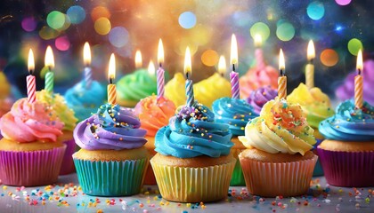 birthday cupcake with candles - obrazy, fototapety, plakaty