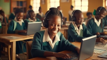Generative AI image of a happy Kenyan school children learning coding, summer time - obrazy, fototapety, plakaty