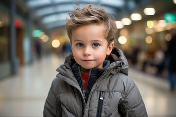 Portrait of a cute little boy in a winter jacket on the background of the shopping center