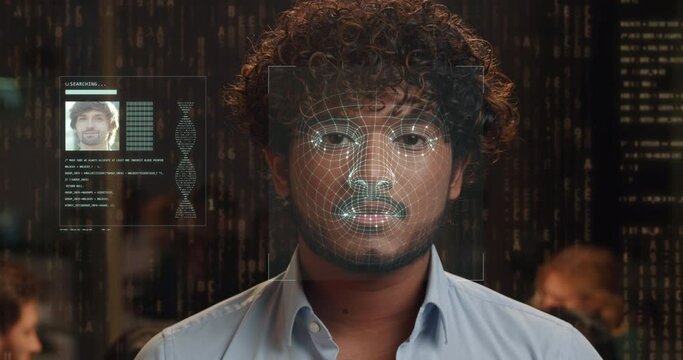 Portrait of an AI biometrical facial recognition system scanning man face.