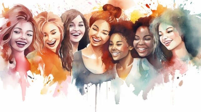 Generative AI image of a Happy women group for International Women’s day , watercolor style