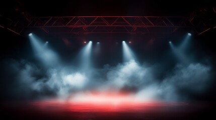 Generative AI image of a Illuminated stage with scenic lights and smoke. Green vector spotlight with smoke volume light effect on black background. Stadium cloudiness projector