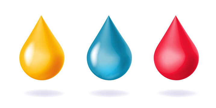 Water drop blue 3d icon vector graphic, paint ink golden yellow blood red droplet isolated symbol realistic illustration set clipart image, honey oil or cream lotion liquid drip glossy design