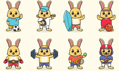 Fototapeta premium Set of Rabbit wearing uniform and using sports equipment. Funny animals doing exercis. Cute cartoon character vector set isolated on a white background. Cartoon animal sport. Rabbit cartoon. 