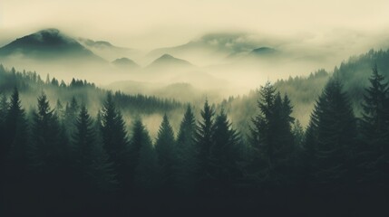 Generative AI image of a Misty landscape with fir forest in vintage retro style, autumn