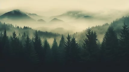 Crédence de cuisine en verre imprimé Gris 2 Generative AI image of a Misty landscape with fir forest in vintage retro style, autumn