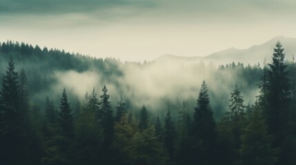 Generative AI image of a Misty landscape with fir forest in vintage retro style, autumn