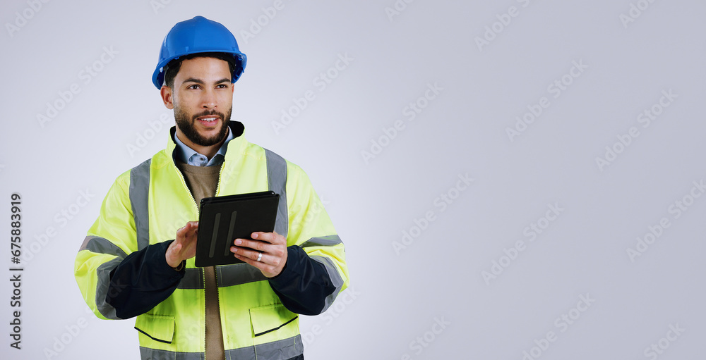 Poster Engineering, man and tablet for design ideas, inspection or thinking of project on studio banner and mockup. Construction worker with architecture survey and digital planning on a white background