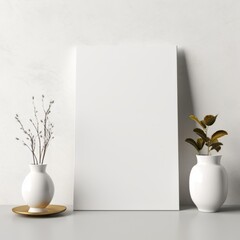 Generative AI image of a mockup scene of 4x6 blank white canvas Henning on white wall. There should colorful vases of plants and flowers not in front of canvas in scene and natural light