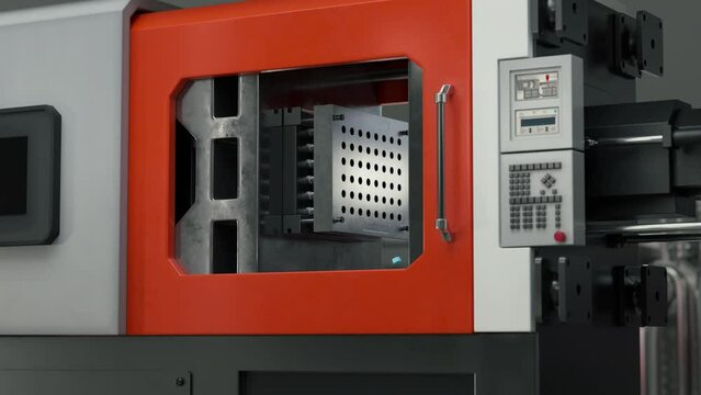 Raw materials processing equipment operated on the production line. Raw materials processing machine at the factory. Processing raw material to create small blue plastic pellets. Mechanism