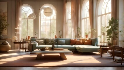 a living room filled with furniture and a large window