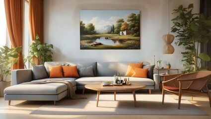 a living room with a couch, table and chairs