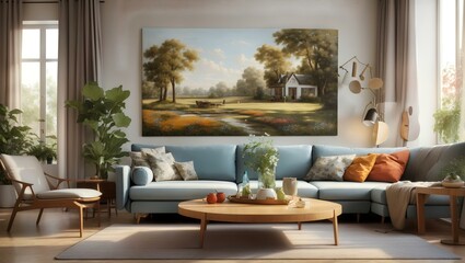 a living room with a couch, table and chairs