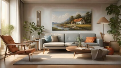 a living room with a couch, table and chairs
