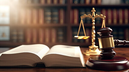 Law Firm Office Space: Judge’s Gavel, Books, and Legal Work - obrazy, fototapety, plakaty