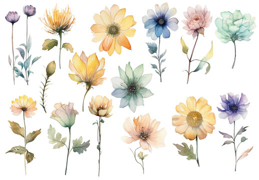 Watercolor painted flowers. Hand drawn flower design elements isolated on white background.