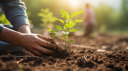 Generative AI image of a Person planting trees or working in community garden promoting local food production and habitat restoration, concept of Sustainability and Community Engagement