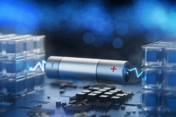 Battery fast charging concept. Battery close-up. AA batteries. Lithium ion battery. 3D rendering.