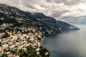 Fototapeta na wymiar Stunning coastal landscape Looking south on the Amalfi Coast from the town of Positano, Italy