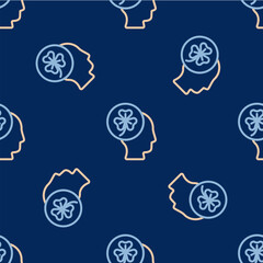 Line Human head with clover trefoil leaf icon isolated seamless pattern on blue background. Happy Saint Patricks day. National Irish holiday. Vector