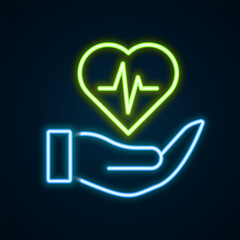 Glowing neon line Life insurance in hand icon isolated on black background. Security, safety, protection, protect concept. Colorful outline concept. Vector