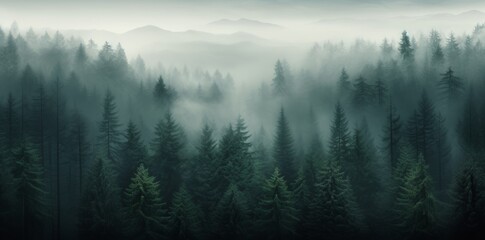 Generative AI image of woods with mist on top nature photos - obrazy, fototapety, plakaty