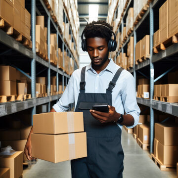 Black warehouse worker wearing headphones while working in a warehouse