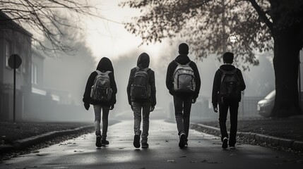 Generative AI image of a Students walking to school together.