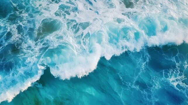 Generative AI image of a Spectacular aerial top view background photo of ocean sea water white wave splashing in the deep sea