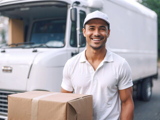 A delivery man wearing a white cap and short-sleeved polo shirt in front of a white truck.