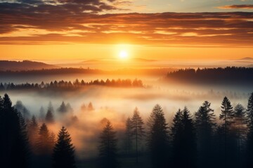 Fototapeta na wymiar Generative AI image of sunrise over forest surrounded by fog and trees