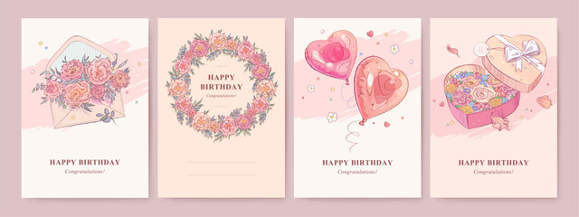 Happy birthday greeting card, banner, poster design template with flowers, envelope, gift box and helium balloons. Hand drawn style. Vector illustration © AM_art
