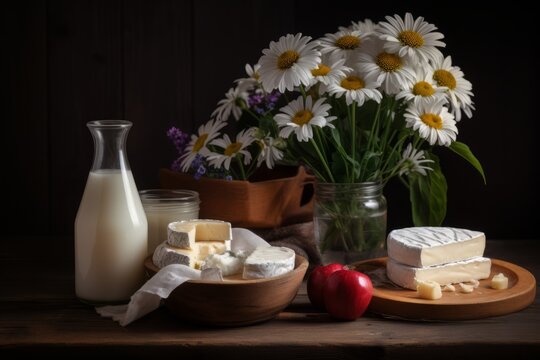 Generative AI image of a table with flowers and dairy products