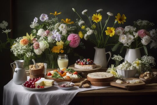 Generative AI image of a table with flowers and dairy products