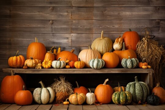Generative AI image of thanksgiving pumpkins against a wooden background, in the style of large scale, weathercore, expansive