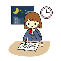 徹夜で勉強をする女学生