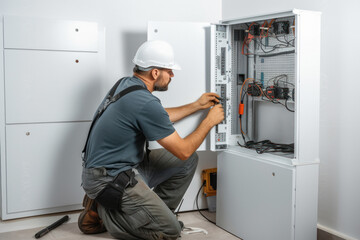Electrician man inspecting electrical system