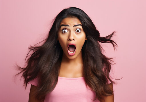 Young indian woman surprised and shocked.