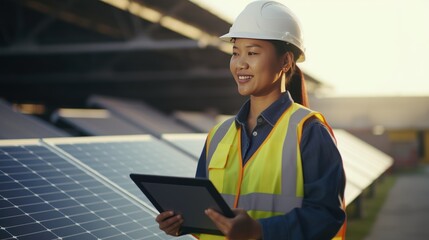 Female engineer with tablet for inspection Maintenance of solar photovoltaic panels