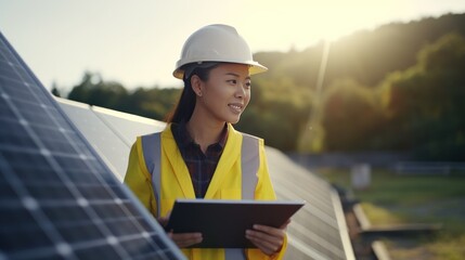 Female engineer with tablet for inspection Maintenance of solar photovoltaic panels - obrazy, fototapety, plakaty