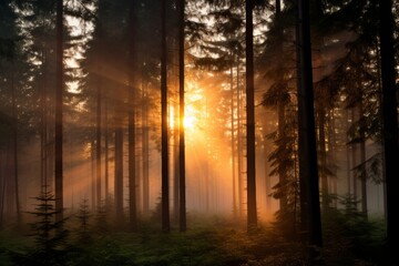 Generative AI image of the sun is coming up over the trees in a foggy forest, in the style of dramatic landscapes, joyful celebration of nature, high horizon lines, expansive landscapes, backlit photo