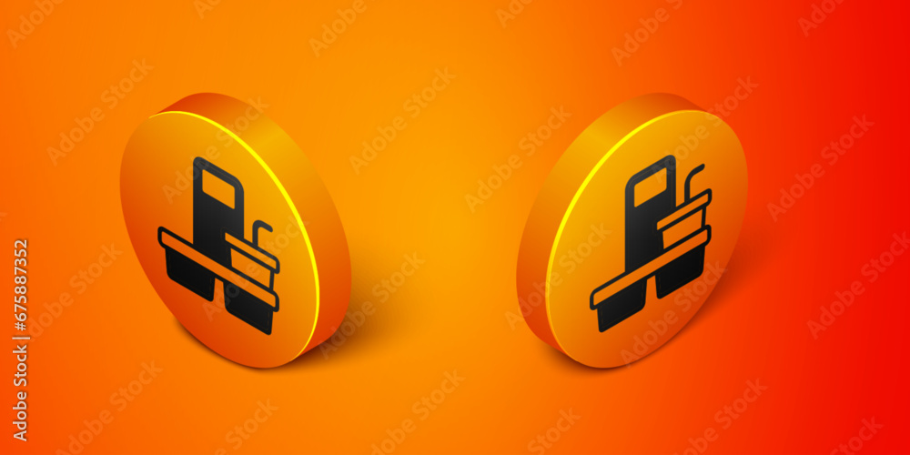 Sticker Isometric Coffee cup to go icon isolated on orange background. Orange circle button. Vector