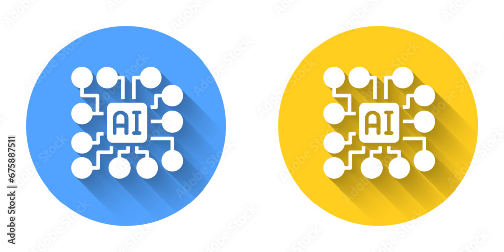 Wall mural White Neural network icon isolated with long shadow background. Artificial intelligence AI. Circle button. Vector