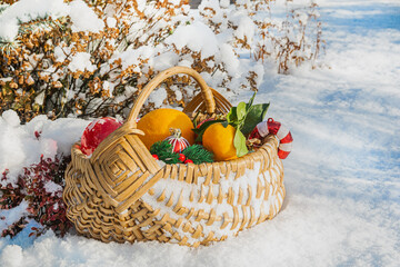 A basket with Christmas decorations stands on the snow outdoors. A basket standing on the snow contains Christmas tree decorations and tangerines. Christmas preparation concept