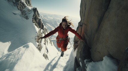 Female climber jumps over snowy crevice telephoto lens natural lighting